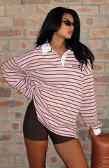 Out Again Long Sleeve Rugby Shirt Pink/Chocolate Stripe