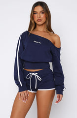 High Roller Off Shoulder Long Sleeve Sweater Navy