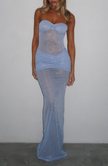 Sheer Grace Strapless Glitter Maxi Dress Powder Blue