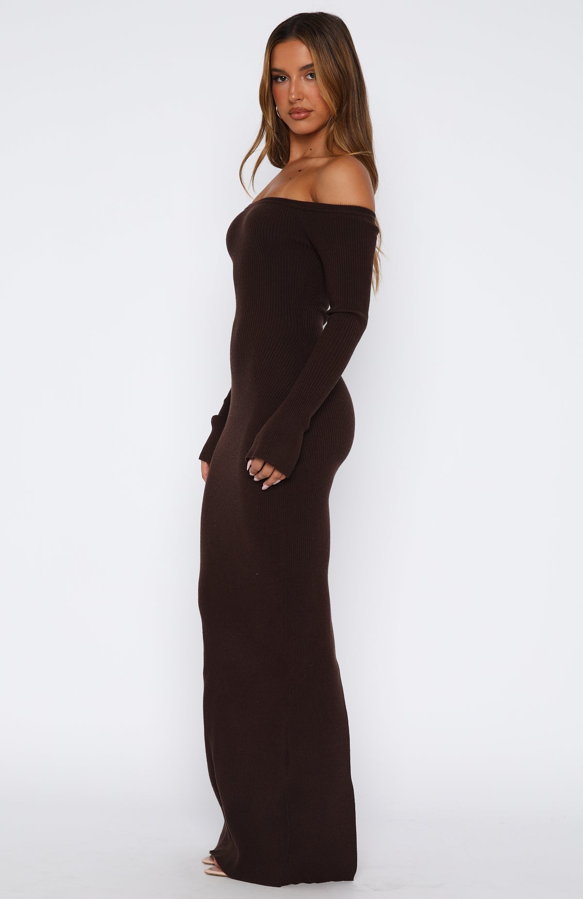 Star Studded Long Sleeve Knit Maxi Dress Chocolate