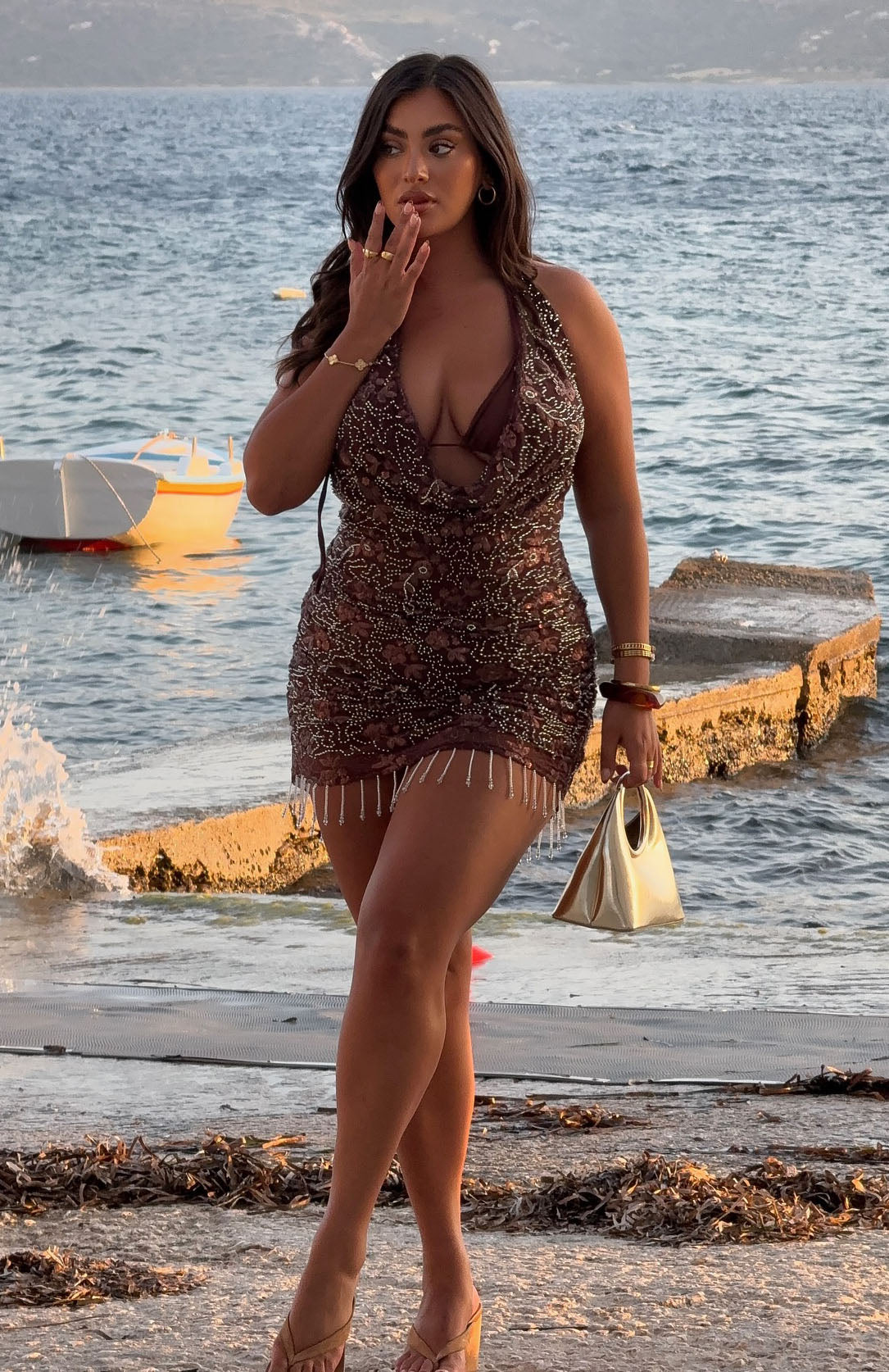 Barcelona Dreams Beaded Mini Dress Chocolate