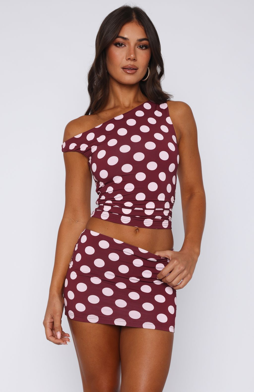 Late Nights Mini Skirt Burgundy Polka Dot