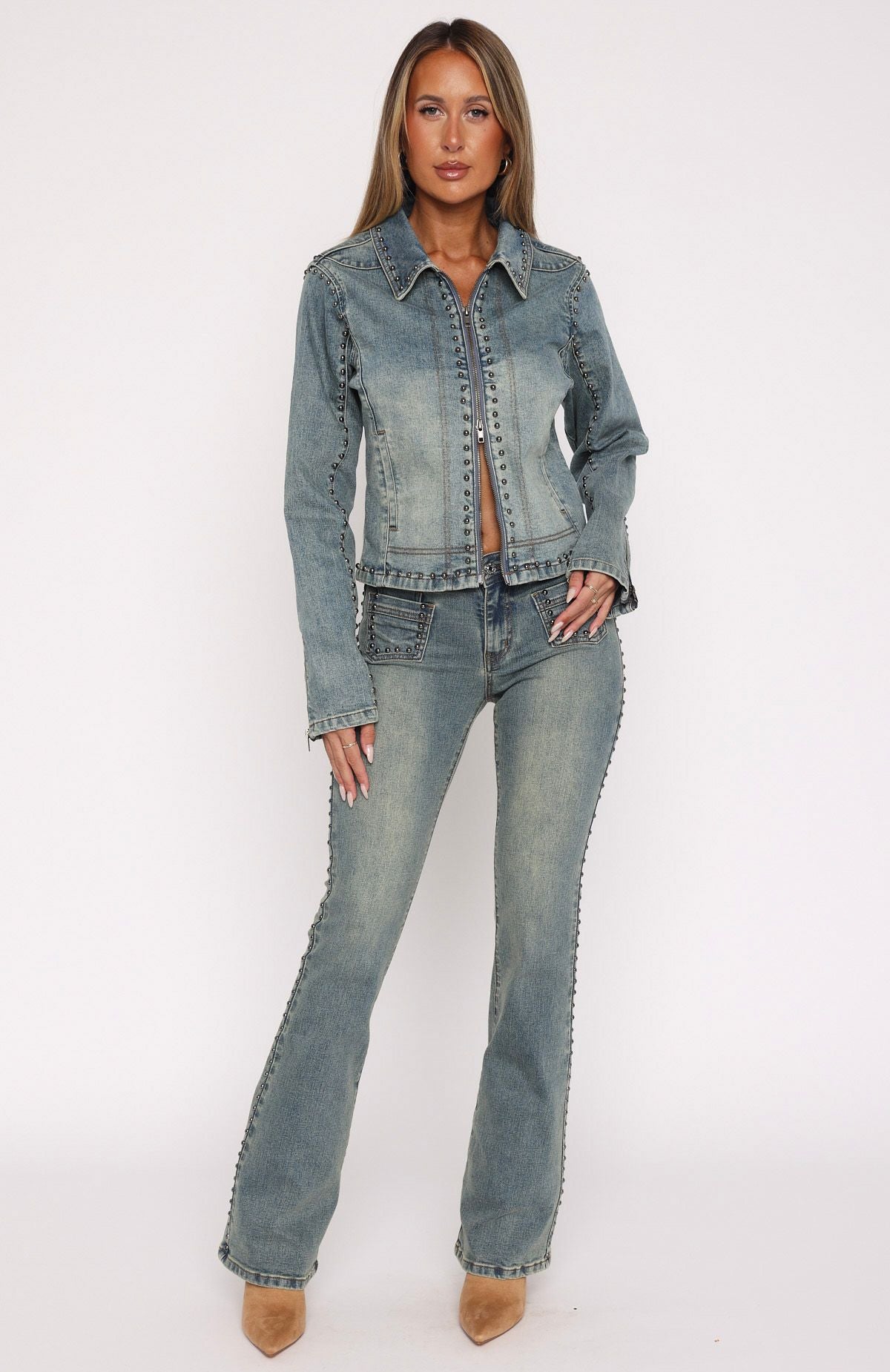 Blake Low Rise Studded Flare Jeans Brown Blue
