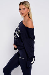 Topic Of Discussion Off Shoulder Oversized Long Sleeve Tee Navy