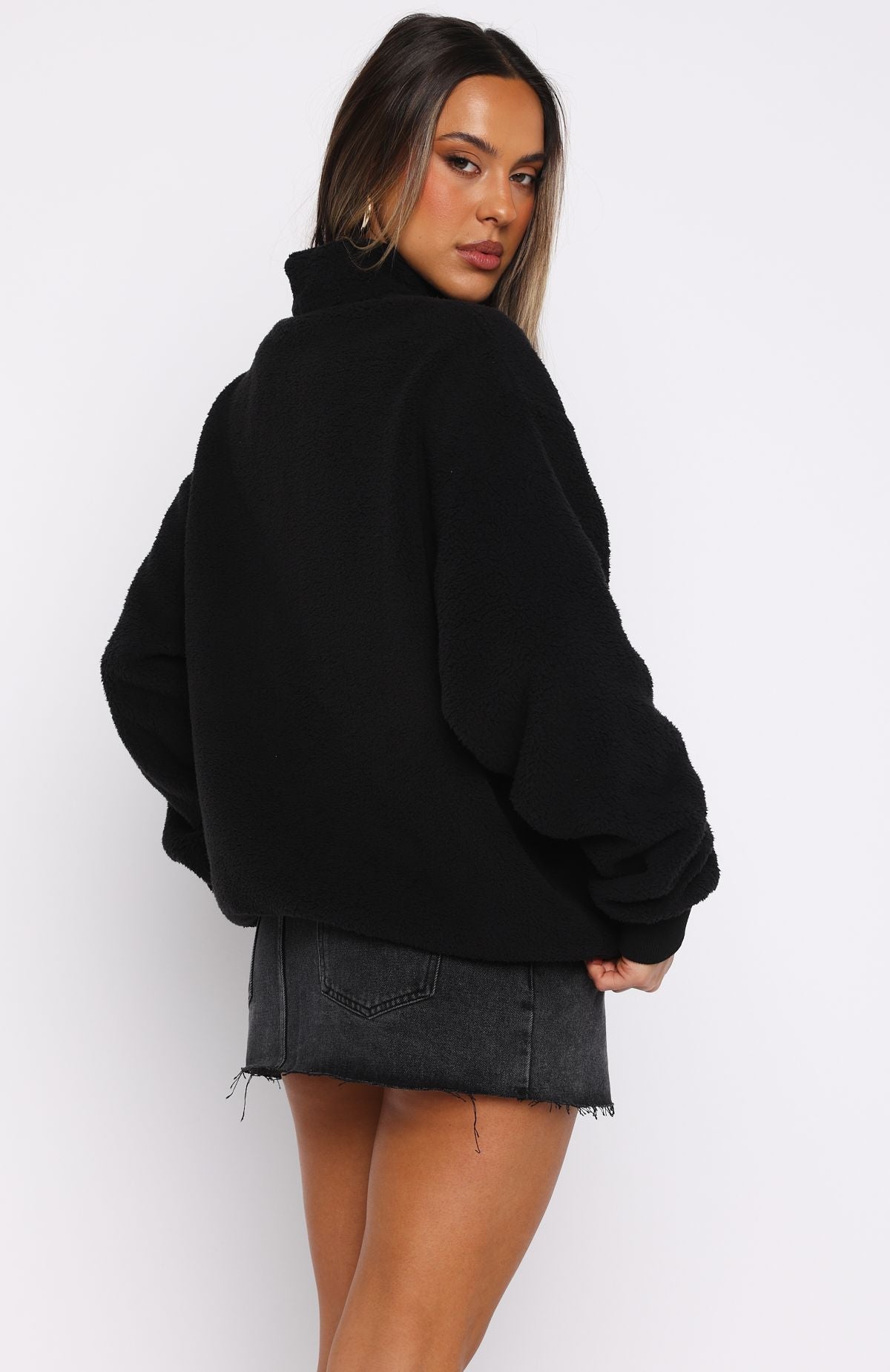 Hard To Stay Focused Teddy Borg Zip Front Sweater Black