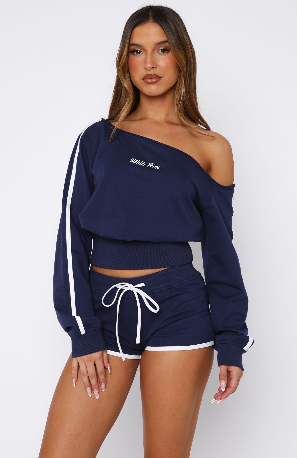 High Roller Off Shoulder Long Sleeve Sweater Navy