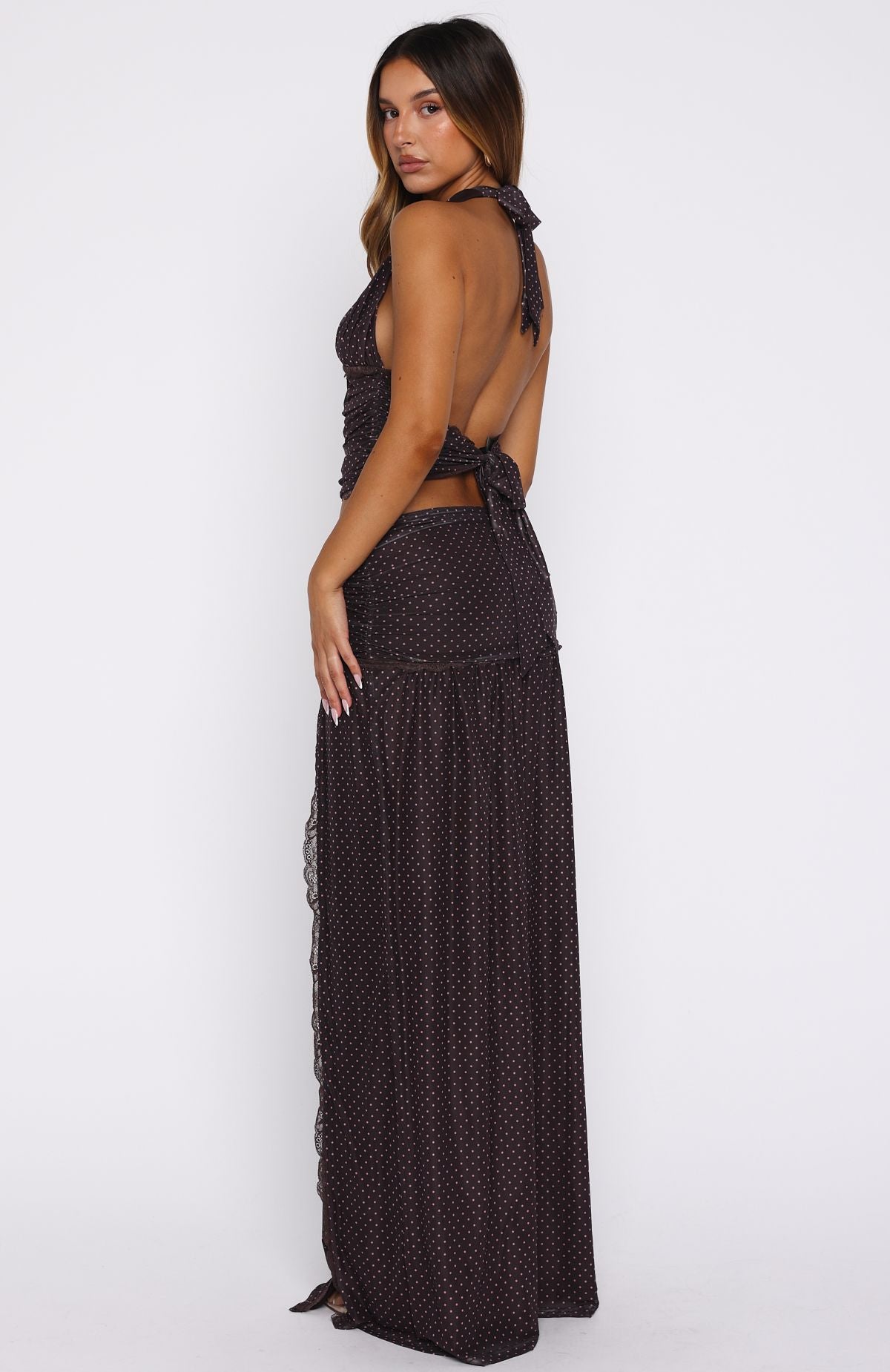 Mad At You Maxi Skirt Choc/Pink Polka Dot