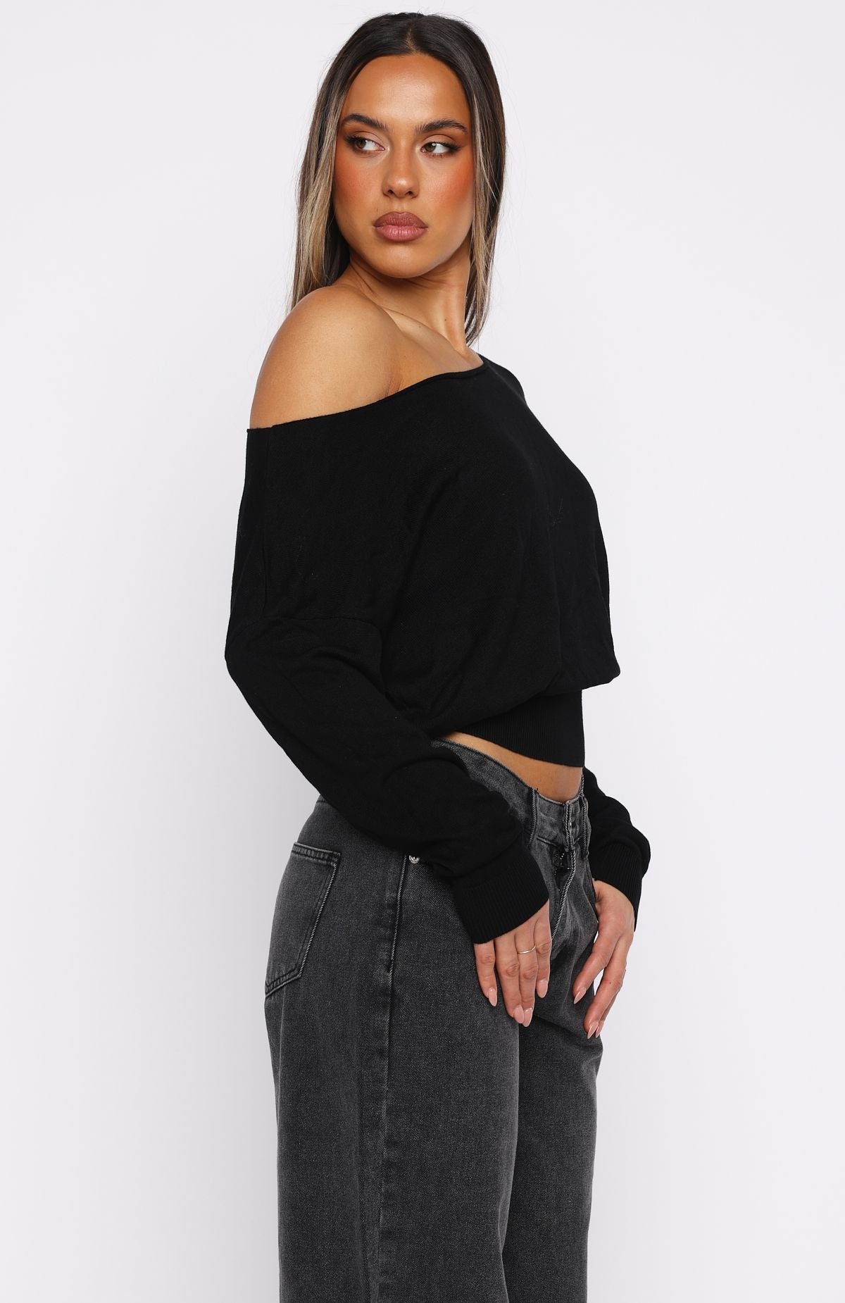 Stayed Down Off Shoulder Long Sleeve Top Black