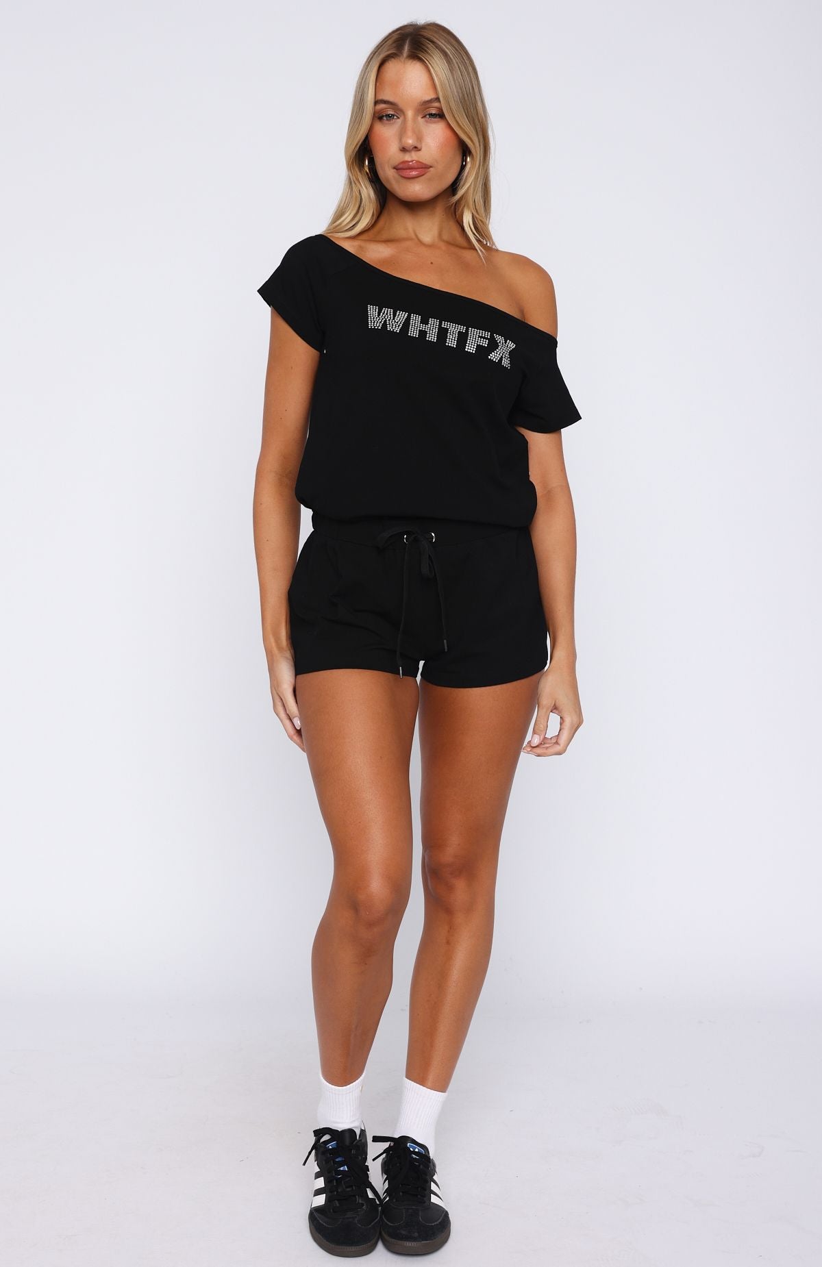 Don't Talk To Me Off Shoulder Playsuit Black