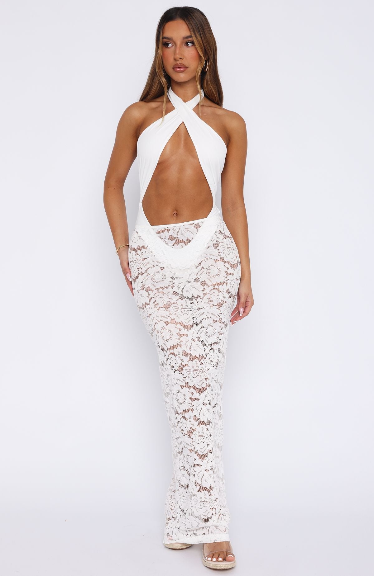 Take Time Lace Maxi Skirt White