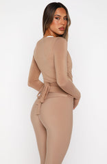 Staying Cute Long Sleeve Wrap Top Caramel