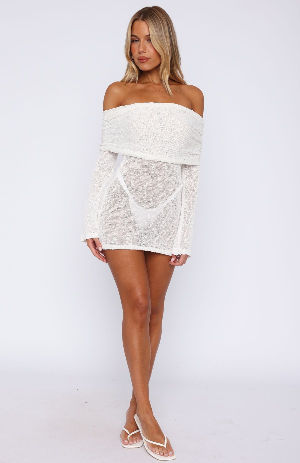 Can't Leave Me Long Sleeve Boucle Mini Dress White