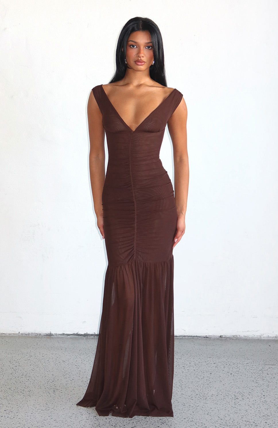 Just A Peak Mesh Maxi Dress Chocolate