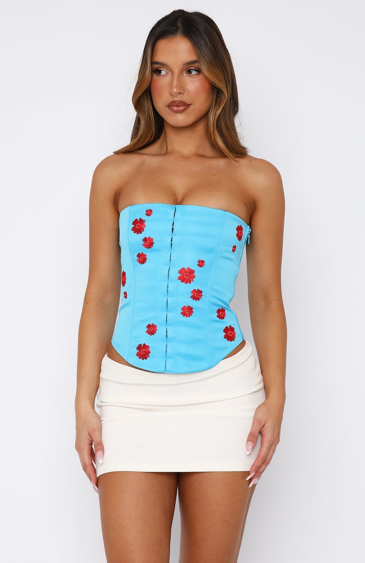 Beyond Me Strapless Embroidered Bustier Blue