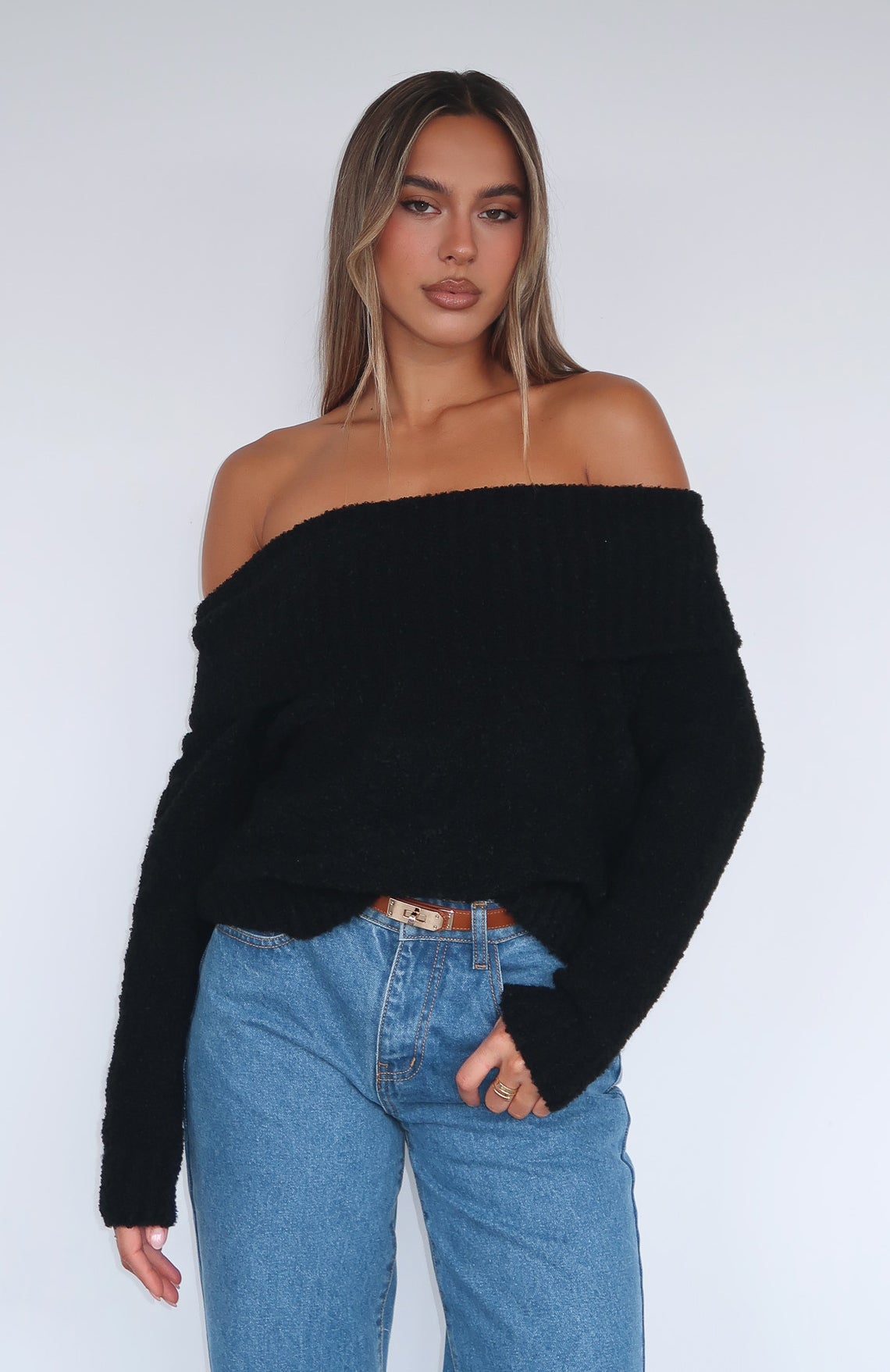 You Don't Need Me Off Shoulder Knit Sweater Black