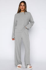 Come A Long Way Soft Lounge Ribbed Wide Leg Pants Grey Marle